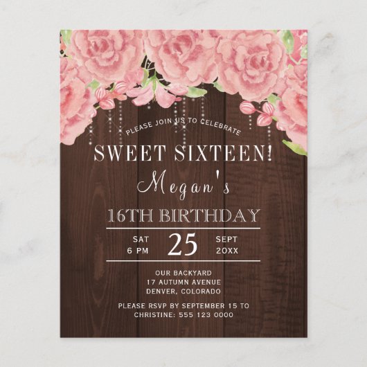 Rustige roze floraalhout, zestien uitnodiging (Voorkant)