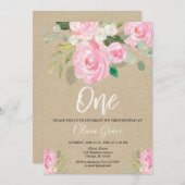 Rustige roze floral 1st jarig meisje kaart (Voorkant / Achterkant)