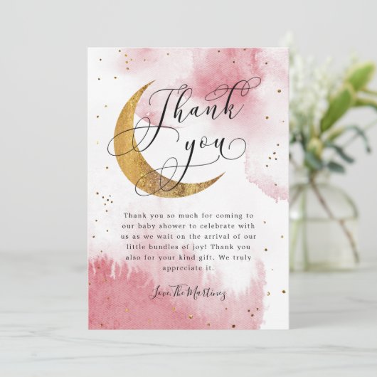 Rustige roze goudmoonsterd Baby shower Bedankkaart (Staand voorkant)