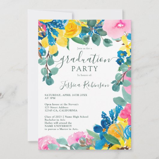 Rustige roze groene florale foto afstuderen kaart (Voorkant)