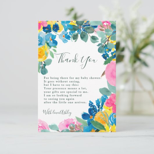 Rustige roze groene zomerbloem baby shower bedankkaart (Staand voorkant)