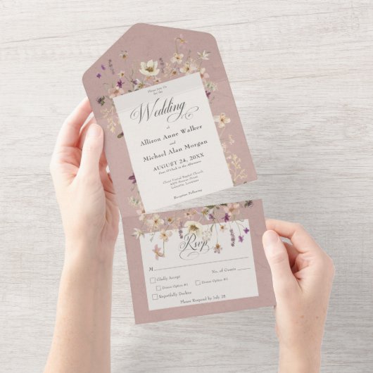 Rustige roze Lijst van wilde bloemen All In One Uitnodiging (Afscheurbaar)