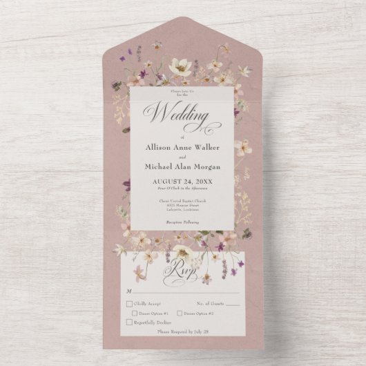 Rustige roze Lijst van wilde bloemen All In One Uitnodiging (Binnen)