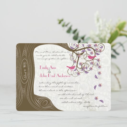 Rustige roze roze roze vogels en bloei bruiloft kaart (Staand voorkant)