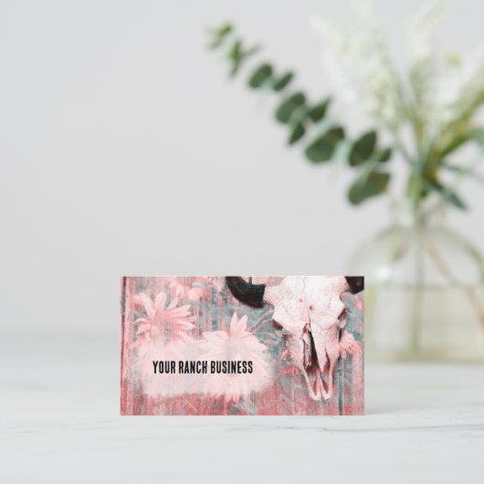 Rustige Roze Westerne Bull Sull Zonnebloemen Hout Visitekaartje (Staand voorkant)