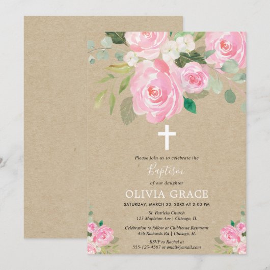 Rustige roze witte florale waterverven baptisme me kaart (Voorkant / Achterkant)