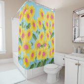 Rustige  roze zonnebloemen Modern Pastel Blue Douchegordijn (In situ)