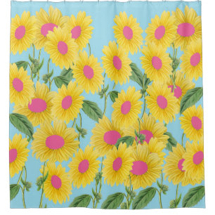 Rustige roze zonnebloemen Modern Pastel Blue Douchegordijn