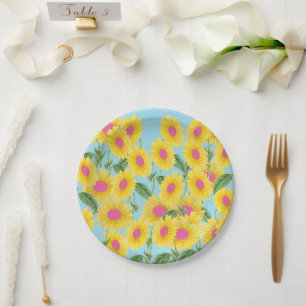 Rustige roze zonnebloemen Modern Pastel Blue Papieren Bordje