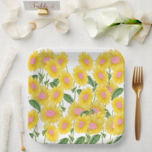 Rustige  roze zonnebloemen Modern White Papieren Bordje