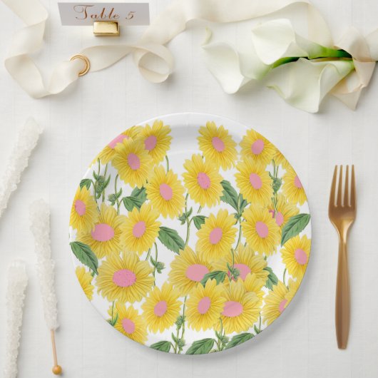 Rustige roze zonnebloemen Modern White Papieren Bordje (Huwelijk)