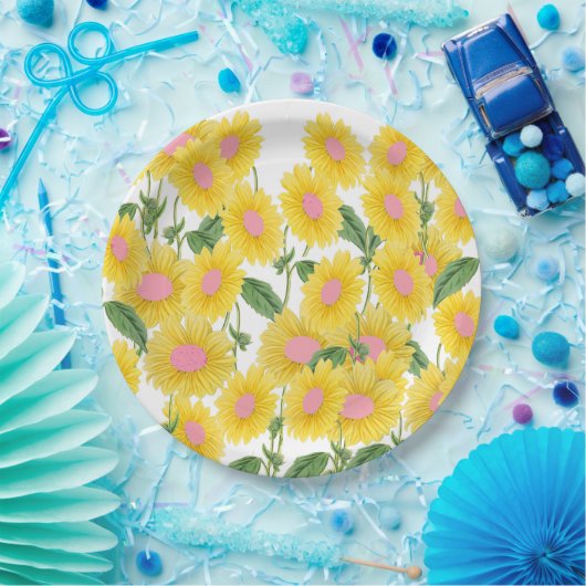 Rustige  roze zonnebloemen Modern White Papieren Bordje (Feest)