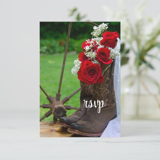Rustige Rozen Cowboy Boots country Wedding RSVP (Staand voorkant)