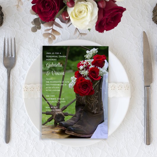 Rustige Rozen Cowboy Boots Wedding Rehearsal Dinne Kaart