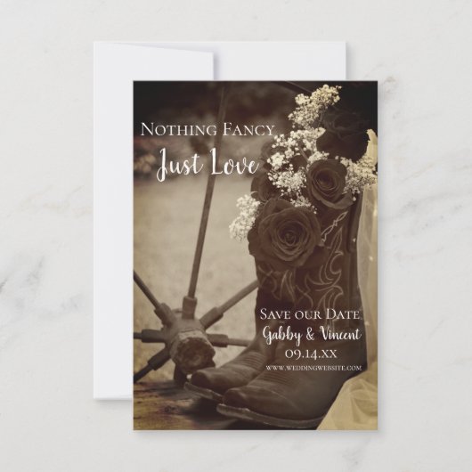 Rustige Rozen Cowboy Boots Western Wedding Sepia Save The Date (Voorkant)