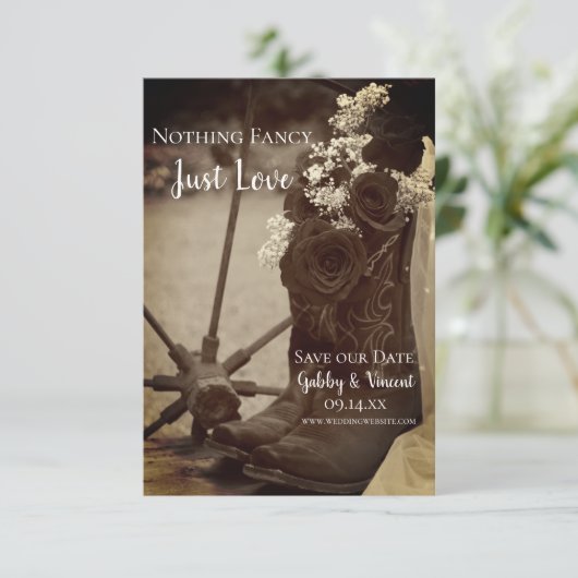 Rustige Rozen Cowboy Boots Western Wedding Sepia Save The Date (Staand voorkant)