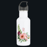 Rustige Rozen en Fern met monogram Waterfles<br><div class="desc">en vrouwelijk,  draai dit milieuvriendelijke waterflesje in stijl met een rooskleurig geïnspireerd roos en een fern floraal ontwerp,  aangepast aan uw gewenste monogram. Het is een wondercadeau voor vrienden,  familieleden,  collega's en nog veel meer.</div>