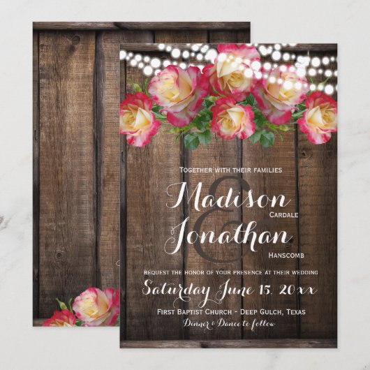 Rustige Rozen Fairy Lights Wood Wedding Invitting Kaart (Voorkant / Achterkant)