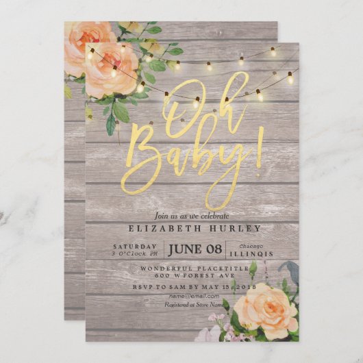 Rustige Rozen Floral String Light Baby shower Kaart (Voorkant / Achterkant)