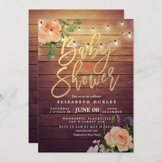 Rustige Rozen Floral String Light Baby shower Kaart (Voorkant / Achterkant)