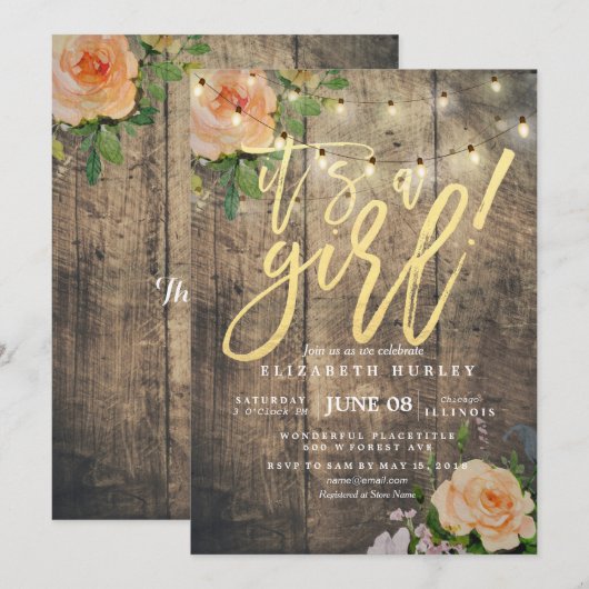 Rustige Rozen Floral String Light Baby shower Kaart (Voorkant / Achterkant)