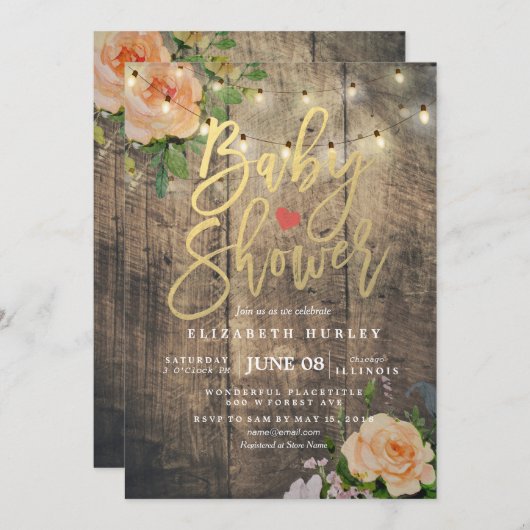 Rustige Rozen Floral String Light Baby shower Kaart (Voorkant / Achterkant)