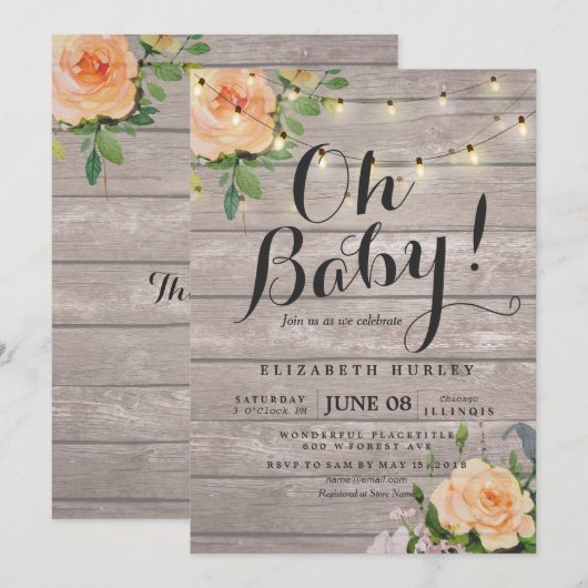 Rustige Rozen Floral String Light Baby shower Kaart (Voorkant / Achterkant)