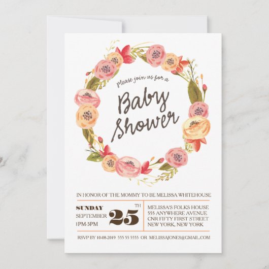 Rustige Rozen Floral Wreath Baby shower Invite Kaart (Voorkant)