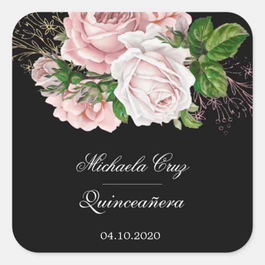 Rustige rozen op zwarte quinceanera vierkante sticker (Voorkant)