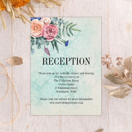 Rustige Rozen Shabby Chic Floral Wedding Reception Informatiekaartje