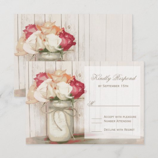 Rustige Rozen van het land Mason Jar Wedding RSVP- RSVP Kaartje (Voorkant / Achterkant)