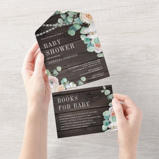 Rustige Rozen Zacht hout Eucalyptus Baby shower All In One Uitnodiging (Afscheurbaar)