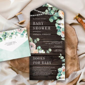 Rustige Rozen Zacht hout Eucalyptus Baby shower All In One Uitnodiging