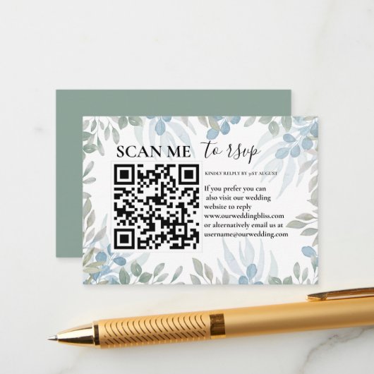 Rustige RSVP QR-code Eucalyptus Greenery Wedding Informatiekaartje (Voorkant / Achterkant in situ)