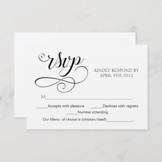 Rustige RSVP Script Response Kaart Swirl Typograph (Voorkant / Achterkant)