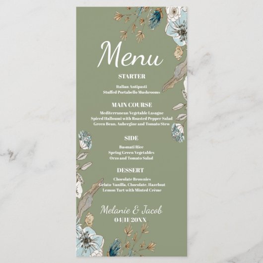 Rustige Sage floral 4x9 flat bruiloft Menu (Voorkant)