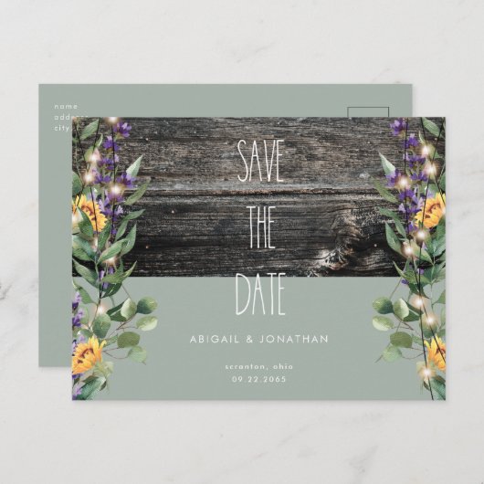 Rustige Sage Foliage Sunflower Save the Date Briefkaart (Voorkant / Achterkant)