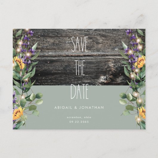 Rustige Sage Foliage Sunflower Save the Date Uitnodiging Briefkaart (Voorkant)