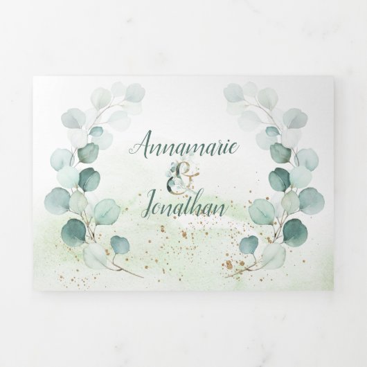 Rustige Sage & Gold Eucalyptus Botanicals Weddensc Drieluik Uitnodiging (Cover)