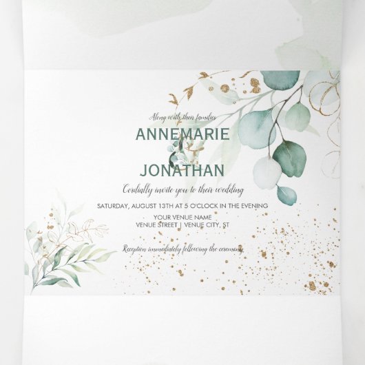 Rustige Sage & Gold Eucalyptus Botanicals Weddensc Drieluik Uitnodiging (Binnenkant midden)