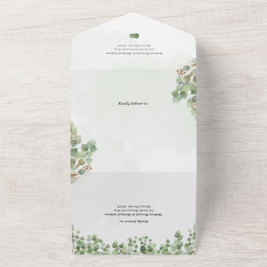 Rustige Sage Green Waterverf Eucalyptus Wedding All In One Uitnodiging (Buitenkant)