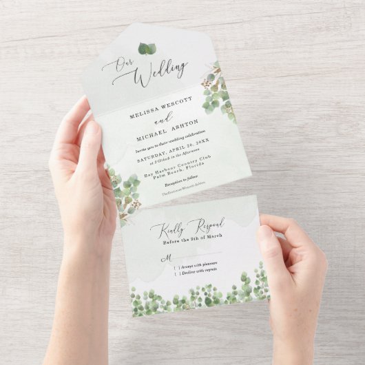 Rustige Sage Green Waterverf Eucalyptus Wedding All In One Uitnodiging (Afscheurbaar)