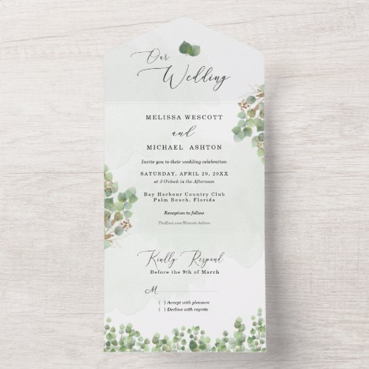 Rustige Sage Green Waterverf Eucalyptus Wedding All In One Uitnodiging (Binnen)