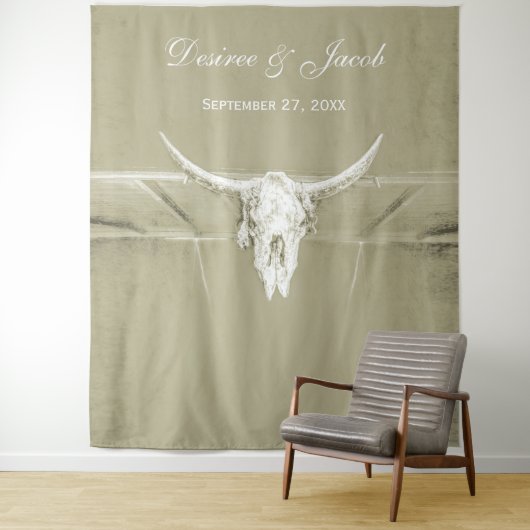 Rustige Sage Green White Westerne Koe Skull Backdr Wandkleed (In situ)