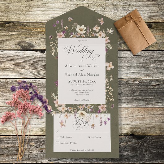 Rustige Sage Green Wildflower Lijst No Dinner All In One Uitnodiging