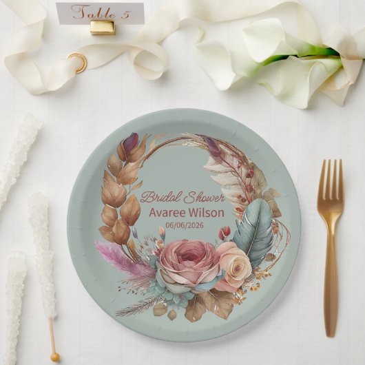 Rustige Sage Groen Roze Crème Turquoise Douche Papieren Bordje (Huwelijk)
