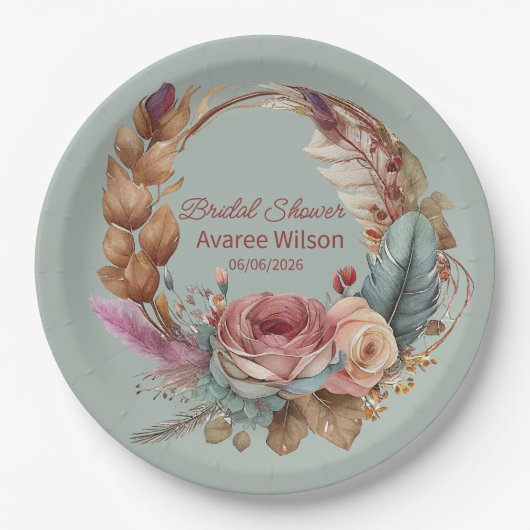 Rustige Sage Groen Roze Crème Turquoise Douche Papieren Bordje (Voorkant)