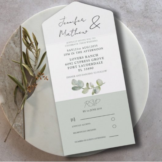 Rustige Saliegroene Eucalyptus Bruiloft All In One Uitnodiging
