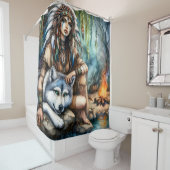 Rustige scène: Inheems en wolf door water Douchegordijn (In situ)