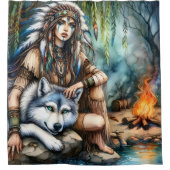 Rustige scène: Inheems en wolf door water Douchegordijn (Voorkant)